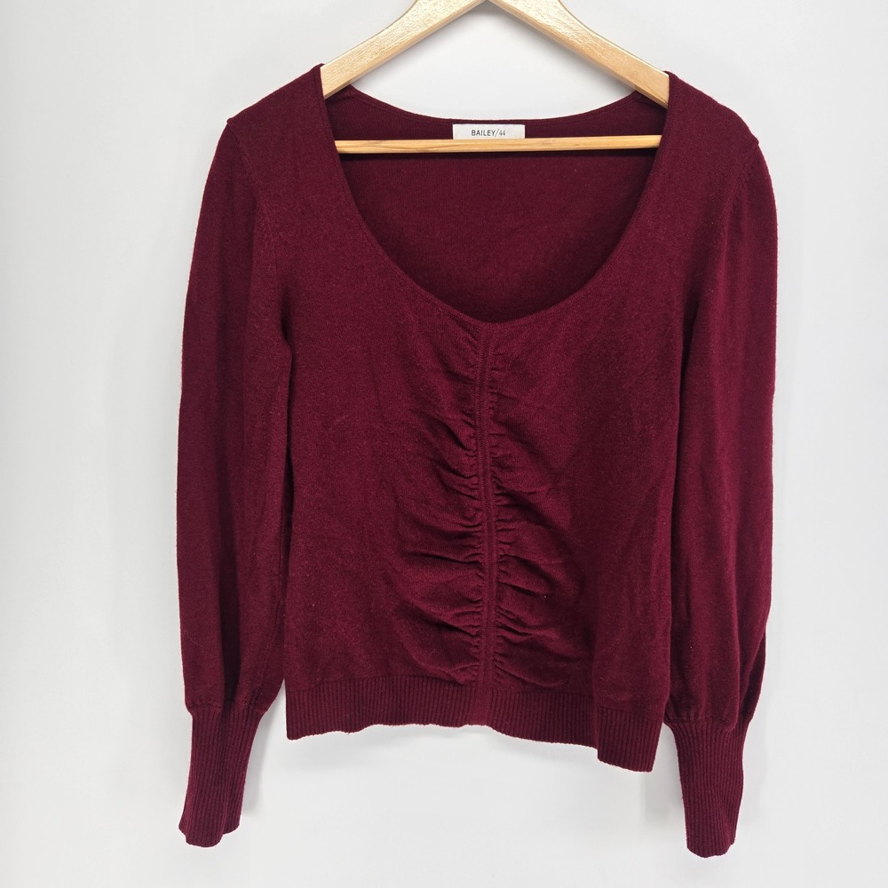 Bailey/44 Sweater Womens Small Burgundy Ruched Scoop Neck Lambswool Cashmere